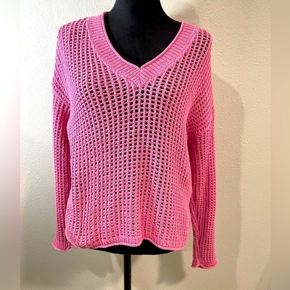 Madewell Pink Open-Knit V-Neck Sweater- Size Medium